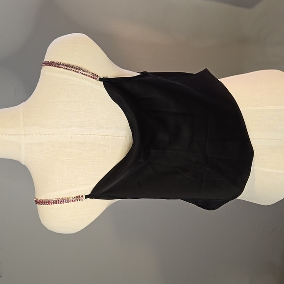 Rachel Zoe Black Satin Pink Rhinestone Strap Cropped Drape Front Cami Tank Sz M - Picture 3 of 11